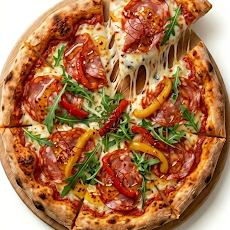 Pizza La Piccante artisanale avec spianata piquante, roquette fraîche, poivrons rôtis et miel légèrement pimenté - Vaffangusto