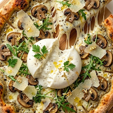 Pizza La Truffe Chic artisanale avec crème truffée, burrata crémeuse, champignons frais, roquette et parmesan - Vaffangusto