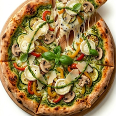 Pizza La Verde Gusto artisanale avec pesto, chèvre, courgettes grillées, champignons frais, poivrons rôtis et parmesan - Vaffangusto