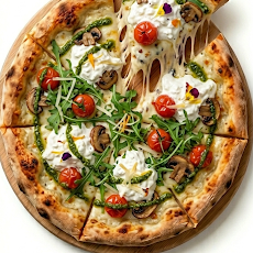 Pizza La Stracciatella Insolente artisanale avec stracciatella crémeuse, champignons frais, roquette, pesto maison et tomates confites - Vaffangusto